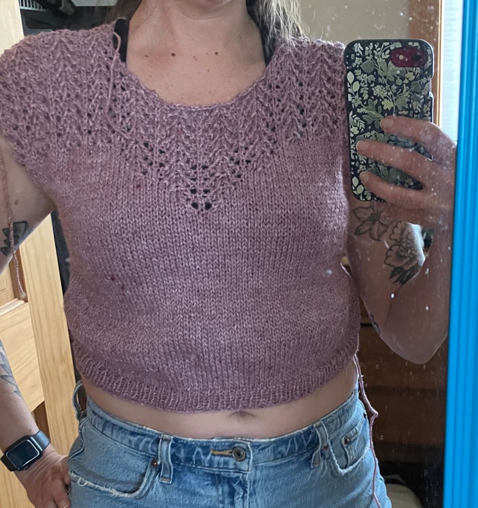 A woman tries on a WIP hand knit in front of a mirror. The top is a dusty rose pink with a sweetheart shaped solid knit line and a lace motif going up to the neck. There are no sleeves yet, and the top is cropped so much you can see her belly button (not a feature this woman prefers).

The Provence Top by Ekatarina Vorobeva, in progress, knit in a recycled polyester yarn from my stash. I have one skein in this color, and it *should* be enough, but I’m thinking about pulling out the whole thing! This yarn is scratchy and I don’t like it against my skin, and though I wanted a bit of a crop, this is way more cropped than anticipated, so once the sleeves and neck are finished I’ll rip out the ribbing and knit in the opposite direction in the lace motif until it’s a reasonable length OR until I run out of yarn… or I’ll start over with a soft squishy yarn :)