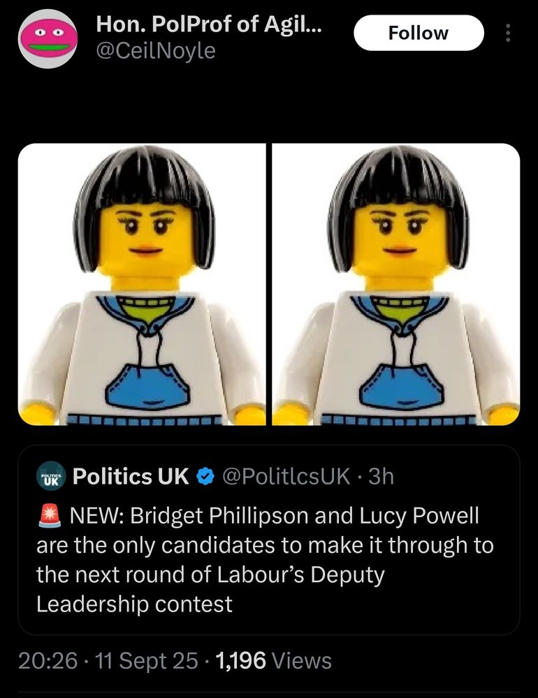 Tweet from @ceilnoyle, who is retweeting Politics UK. P.UK: "NEW: Bridget Phillipson and Lucy Powell are the only candidates to make it through to the next round of Labour’s Deputy Leadership contest"

@ceilnoyle's post is simply two identical female Lego minifigures with clip-on bob haircuts and painted on handbags.