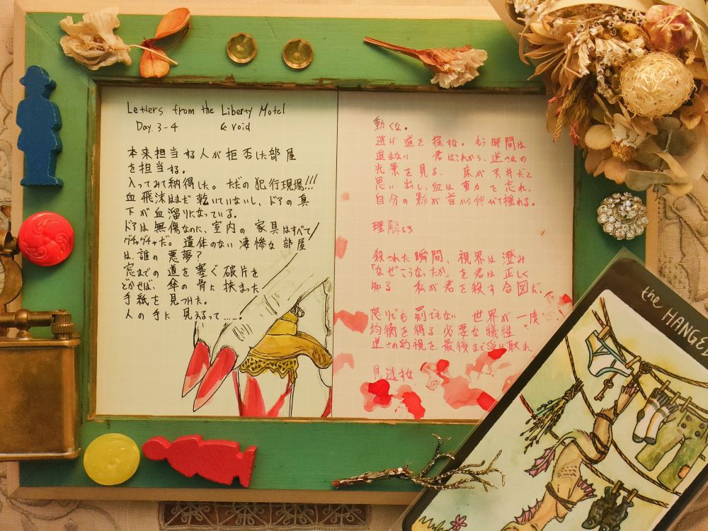 No.14(Day.3-4)「41号室」
本来担当する人が拒否した部屋を担当する。入ってみて納得した。ただの犯行現場っ！血飛沫はまだ乾いていないし、ドアの真下が血溜まりになっている。ドアは無傷なのに、室内の家具はすべてグチャグチャだ。遺体のない凄惨な部屋は、誰の悪夢？窓までの道を塞ぐ破片をどかせば、傘の骨に挟まった手紙を見つけた。人の手に見えるって……。


>> あなた宛ではない、誰かへの手紙
動くな。 逃げ道を探すな。もう時間は進まない 君はこれから、逆さまの光景を見る 床が天井だと思い出し、血は重力を忘れ、 自分の影が首から伸びて揺れる 理解しろ。 殺された瞬間、視界は澄み 「なぜこうなったか」を君は正しく知る 私が君を殺す合図だ。 怒りでも罰でもない 世界が一度、均衡を得る必要な犠牲 逆さの幻視を、最後まで受け取れ 見逃すな。
