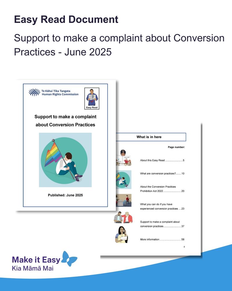 Blue tile with heading Easy Read document and the Make it Easy logo. Inside the tile is an image of an Easy Read translation called Support to make a complaint about Conversion Practices - June 2025