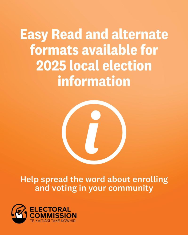 A poster with an orange background and a big white "i" with a circle around it in the middle. It has the Electoral Commission logo in the bottom left corner. the poster says "Easy Read and alternate formats avaliable for 2025 local election information. Help spread the word about enrolling and voting in your community." 