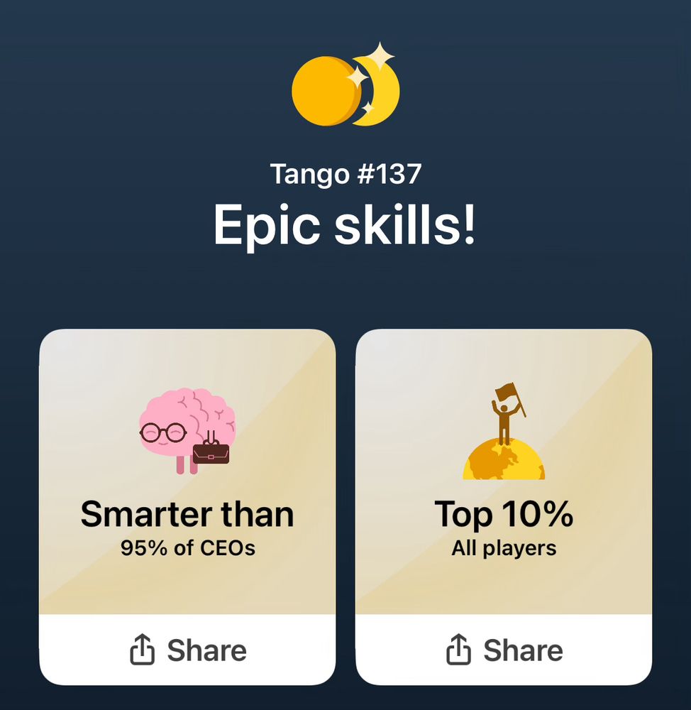 LinkedIn game score showing: "smarter than 95% of CEOs" and "top 10% of all players"