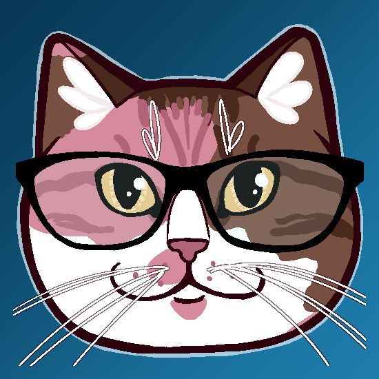 digital drawing of a calico cat's face on a blue gradient background. the cat is calico except with the colors of neopolitan ice cream (pink, brown, white) with yellow eyes. the cat is also wearing big black eyeglasses
