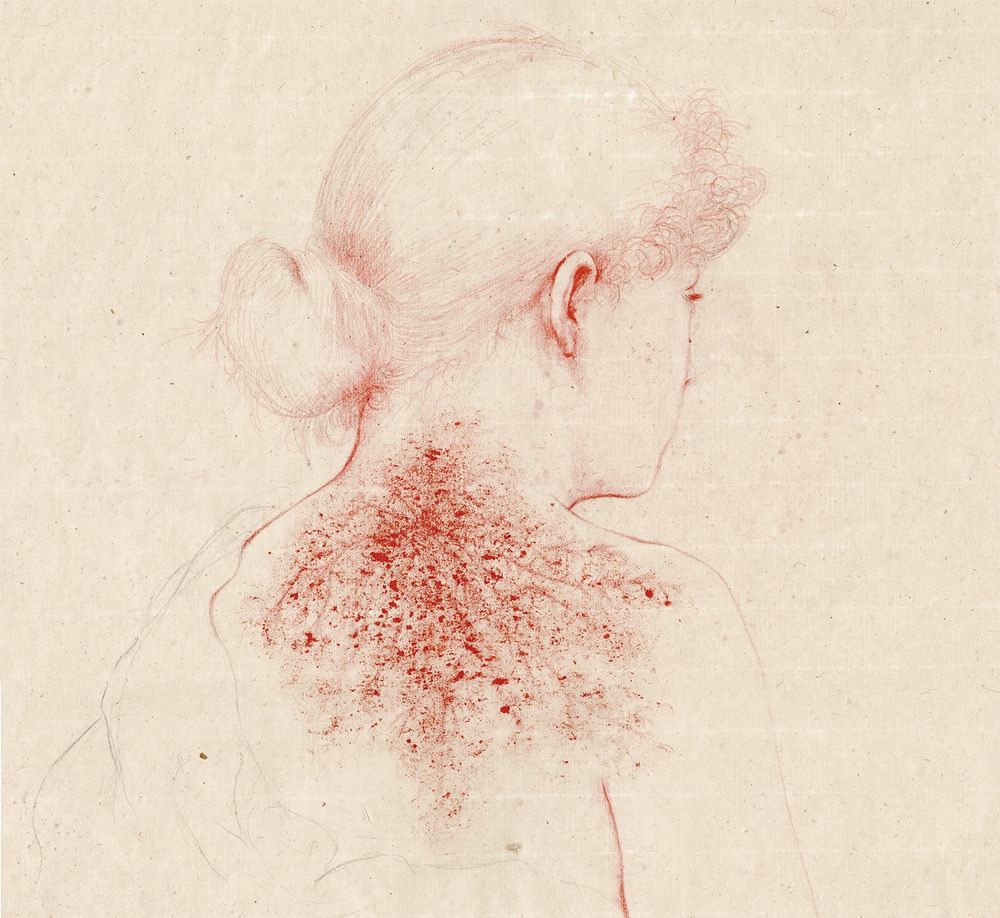 Dessin au crayon de couleur rouge d’une femme de trois quarts dos foudroyée sur papier japonais.