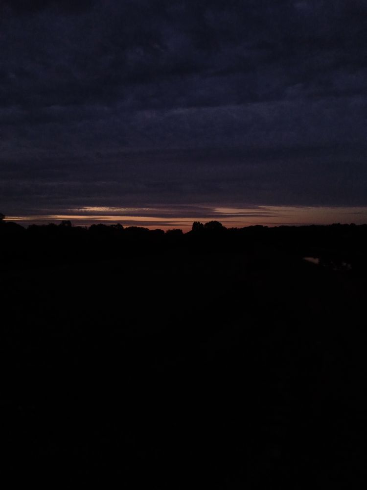 Au loin les lueurs du jour esquissent leurs premiers balbutiements. In the distance the light of day begins to show its first signs.