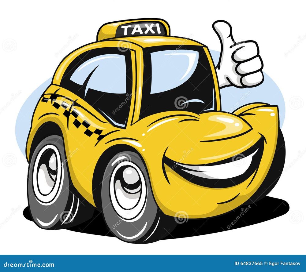 cartoon image of anthropomorphized yellow taxi smiling and giving a thumbs-up with one large white hand
