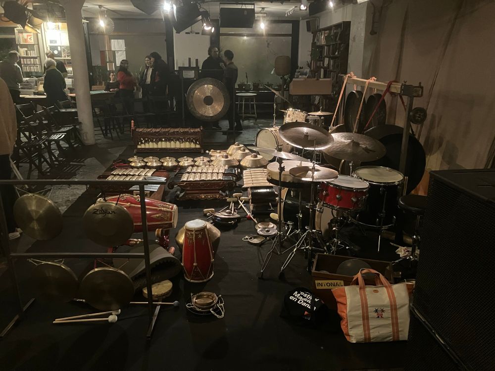 A gamelan set up, all manner of percussion including gongs, bells and drums. 