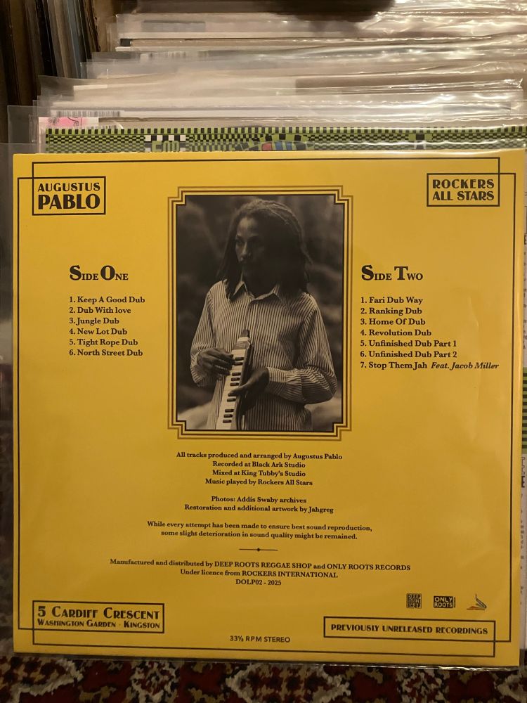 Yellow LP sleeve. Black and white photo of Augustus Pablo holding a melodica. Track listing:
1.    Keep A Good Dub
2.    Dub With love
3.    Jungle Dub
4.    New Lot Dub
5.    Tight Rope Dub
6.    North Street Dub
7. ﻿﻿﻿Fari Dub Way
8. ﻿﻿﻿Ranking Dub
9. ﻿﻿﻿Home Of Dub
10. ﻿﻿﻿Revolution Dub
11. ﻿﻿﻿Unfinished Dub Part 1
12. ﻿﻿﻿Unfinished Dub Part 2
13. ﻿﻿﻿Stop Them Jah Feat. Jacob Miller

