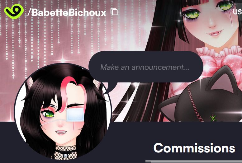 photo of Babette's VGen profile, with "commissions" highlighted.....