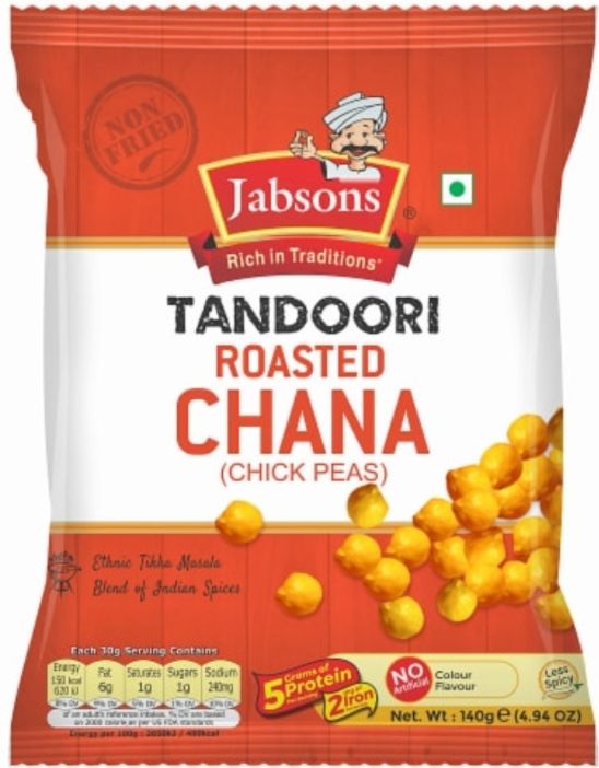 A bag of Tandoori Roasted Chana (chickpeas) from the brand Jabsons