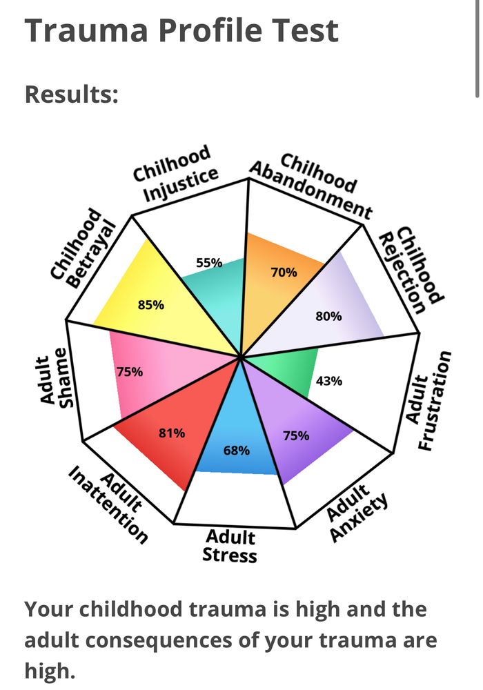Results from the idrlabs trauma profile test, showing the following: 
- childhood betrayal 85%
- childhood injustice 55% 
- childhood abandonment 70% 
- childhood rejection 80% 
- adult frustration 43% 
- adult anxiety 75% 
- adult stress 68% 
- adult inattention 81% 
- adult shame 75% 
Test found at https://www.idrlabs.com/trauma-profile/test.php