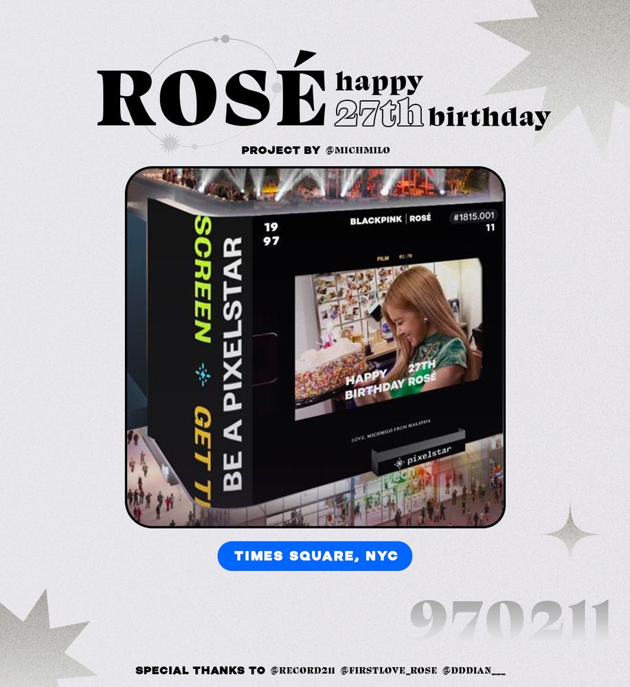 ROSÉ BIRTHDAY SUPPORT '24 by MichMiLo 

Part 2/2] - NYC Times Square Ad 

Shown on TSX Broadway or tsx.live/stream.html on 10th Feb, 10 AM & 11th Feb, 1 PM