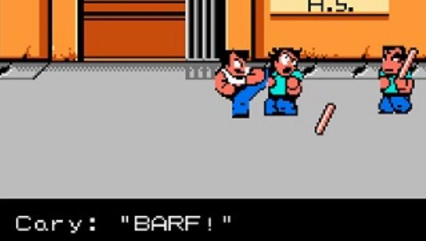 Screenshot of Nintendo River City Ransom game, Alex kicking a gang member who proclaims "BARF!"