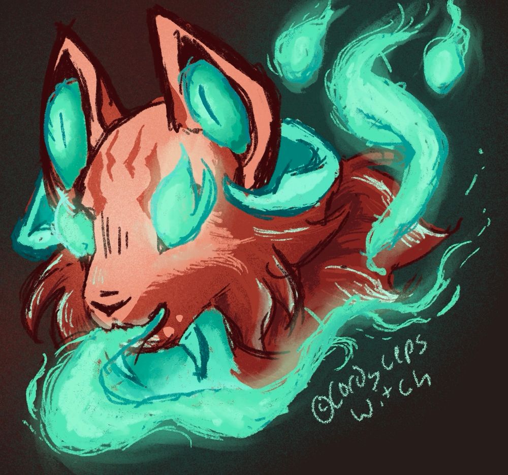 Sponk - a ghostly anthropomorphic red furred creature with ghostly flames for eyes and glowing green horns