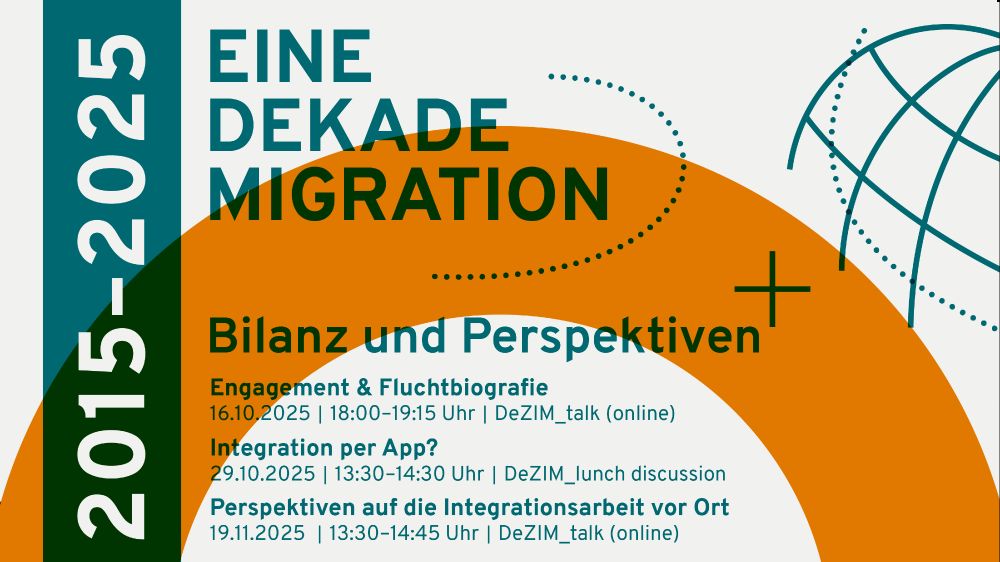 2015-2025: Eine Dekade Migration. Bilanz und Perspektiven

16.10.25: Engagement & Fluchtbiografie – welchen Chancen und Barrieren begegnen geflüchtete Menschen in Politik und Gesellschaft?

29.10.25: „Integration per App? Wie digitale Tools lokale Teilhabe verändern“

19.11.25: 10 Jahre „Langer Sommer der Migration“ – Perspektiven auf die Integrationsarbeit vor Ort