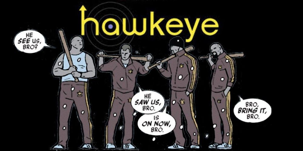 4 dudes in tracksuits, holding baseball bats. They're standing in front of the logo from Matt Fraction's Hawkeye run. 