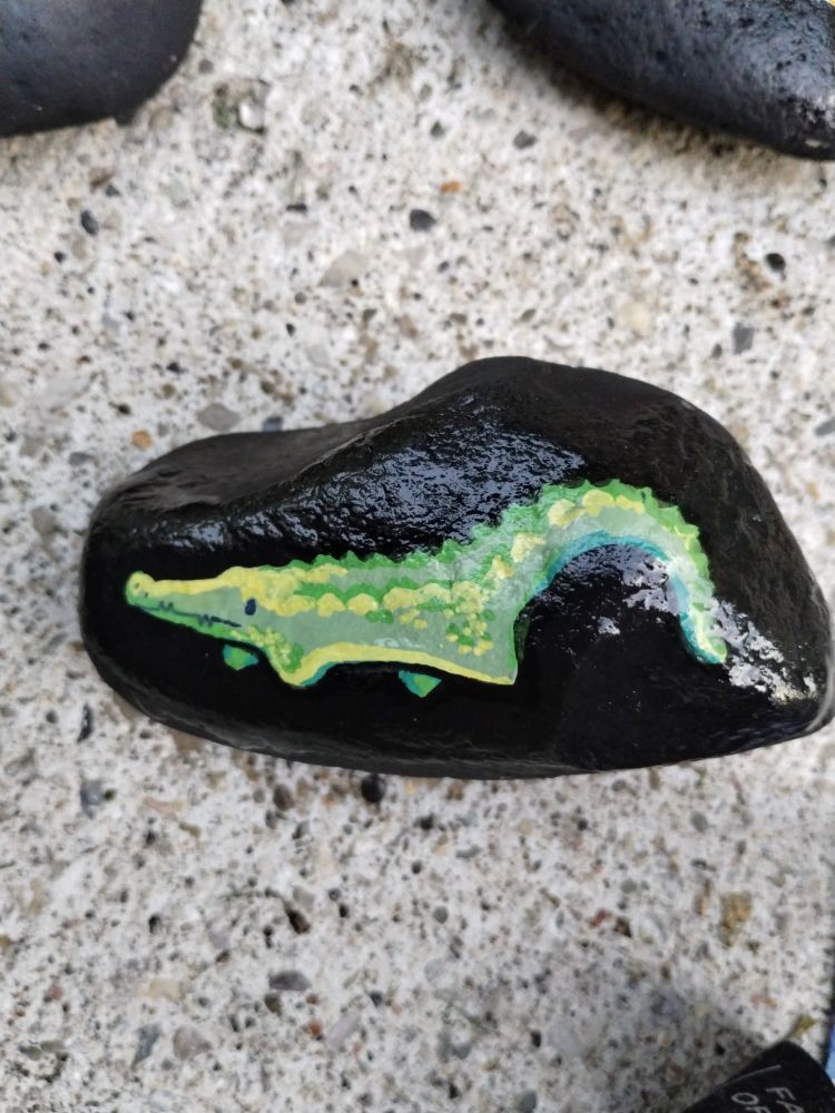 A rock painted in all black with a cartoon crocodile on it in forest greens and light green for highlights. it has a spiky back and a long tail and little nubs for feet!. 