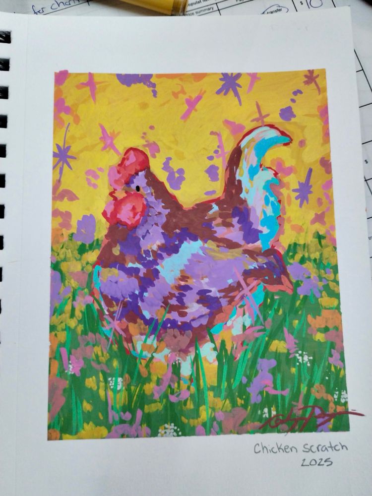 A picture of a sketch done during an art market of a chicken standing in a field of tall grass and flowers. The chicken is done with acrylic paint markers and is a brown chicken with white tail feathers