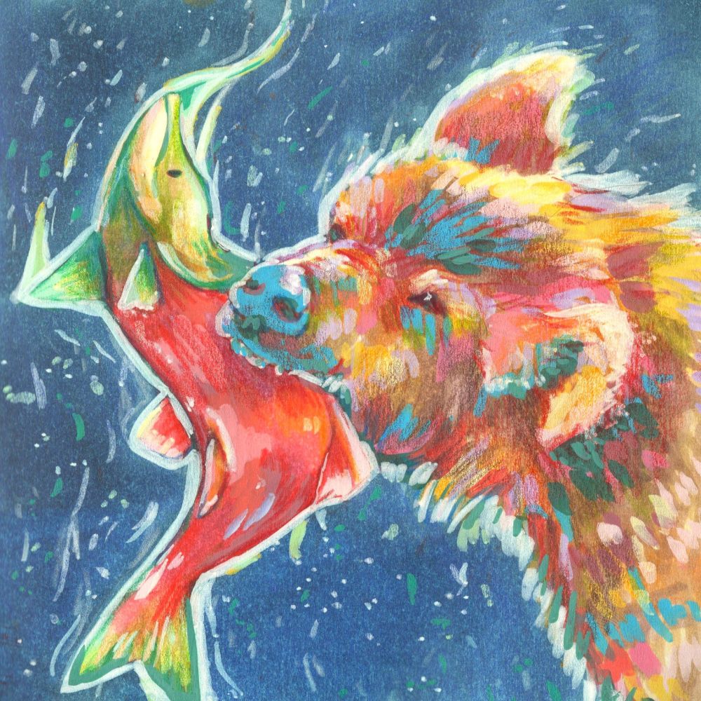 A scan of a sketchbook page of a bear catching a salmon in its mouth. The sketch is done in coloured pencil and detailed in acrylic paint markers. 