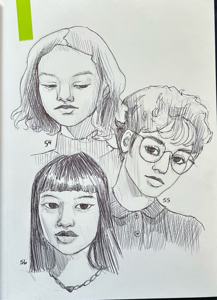 Picture from CailynCreatives sketchbook of three portraits from a past 100 head challenge. The three portrait are on one page and are all done in black pen. All three portrait look sullen or pensive and are looking at the viewer or down to the ground
