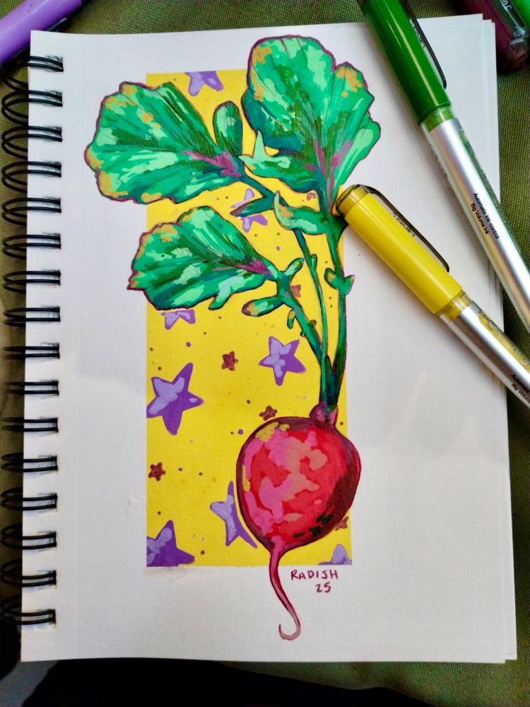 Photo of a sketchbook page of a radish with a colour blocked background of purple stars in a yellow box. Taken during  art market I was at!