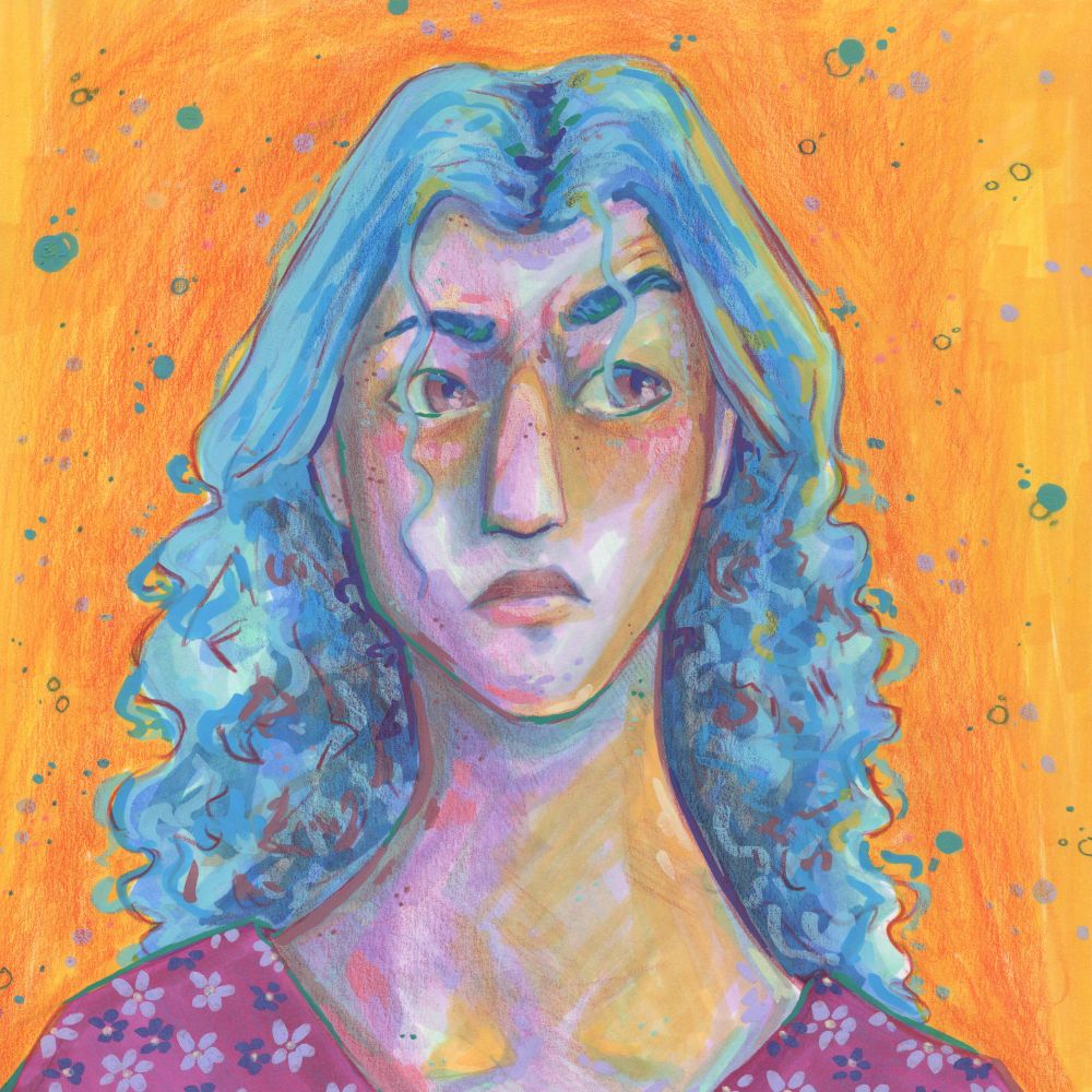 A scan of my sketchbook of a portrait of a woman with long curly blue hair. The portrait is down to her shoulders and she is wearing a purple shirt with light and dark purple flowers on it. The background of the sketch is yellow and orange with little blue dots. 