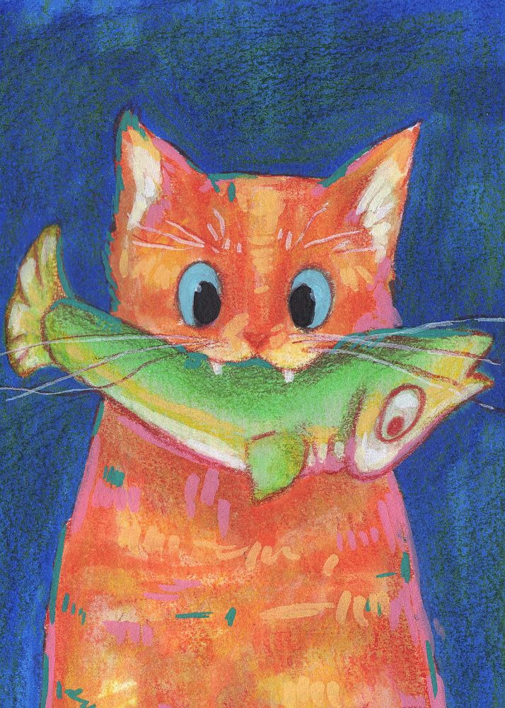 A scan for a sketcbook page of a orange cat that is holding a green and yellow fish in its mouth. The cats little fangs are seen in the fish and the cat has blue eyes. The art in done in coloured pencil with details done in acrylic paint pens