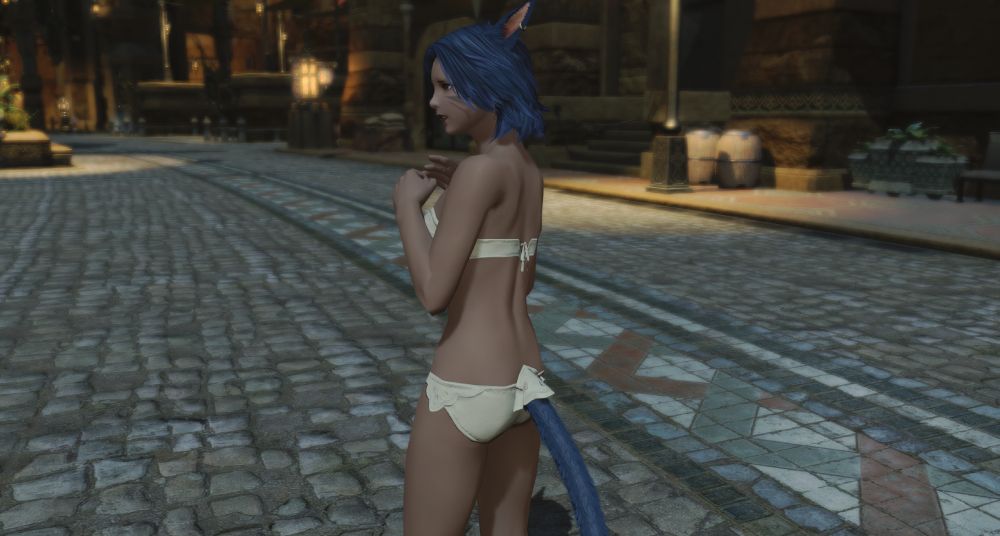 A blue-haired female Miqo'te Keeper of the Moon in public in a bra and underwear. She is not as embarrassed as she usually is, due to having some semblance of coverage, but she's still far less decent than she would like.