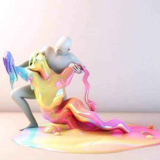 a grey figure trying to hold and support another rainbow figure that is actively melting into a puddle