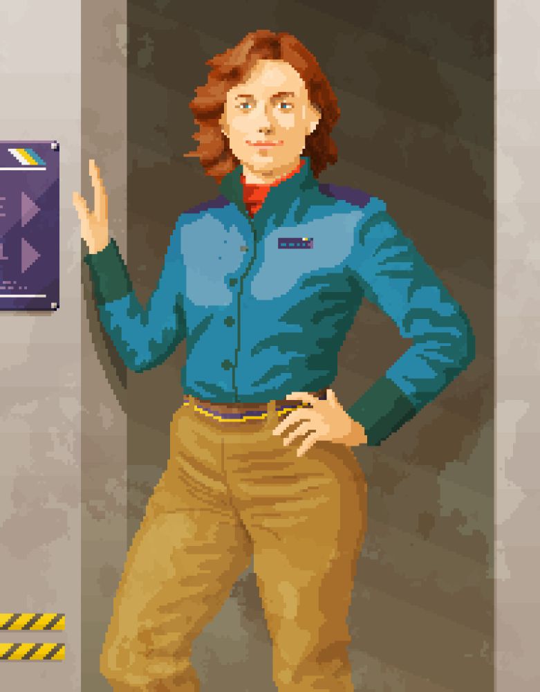 Pixel art image of a futuristic space captain standing in a metal doorway. She stands confidently with her hand on hip. Dust from the planet surface covers the scene.