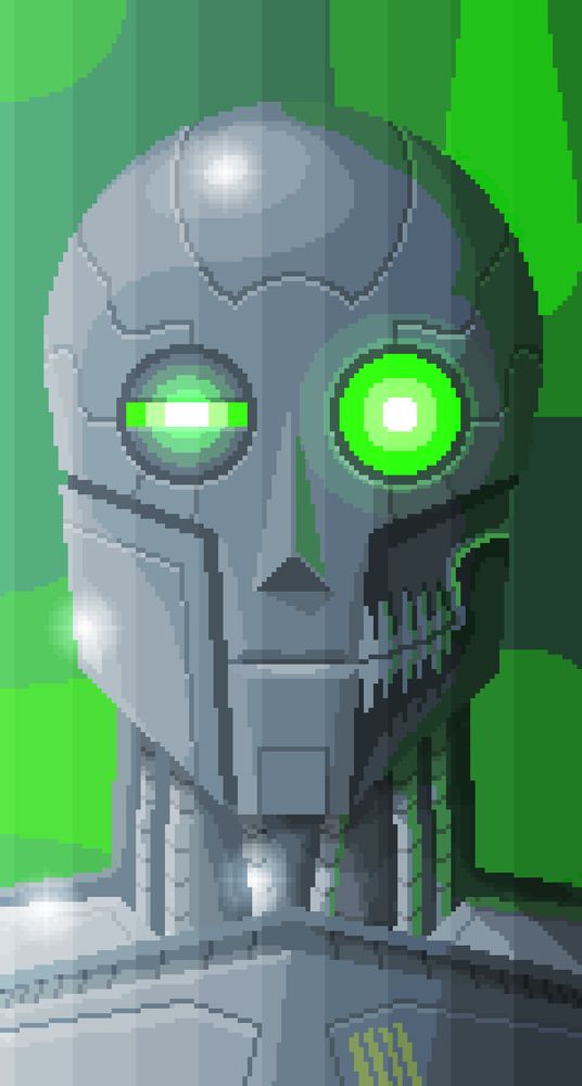 A pixel art image of a humanoid robot's face looking directly towards the camera. The robot has glowing green eyes and stands in front of an ethereal green background. A cheek plate is missing on the robot, revealing a set of metallic, skull-like teeth. 
