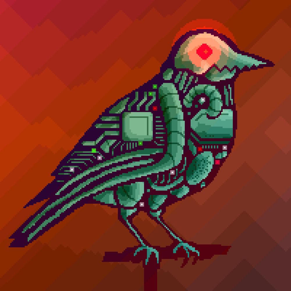A pixel art image of a cross section of a mechanical bird. Its wires and circuitry are visible. Its eyes glow red with jagged metal teeth.