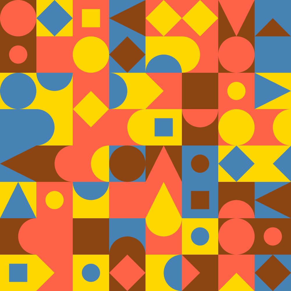 An abstract, geometric pattern in a selection of yellow, red, brown and blue tones.
