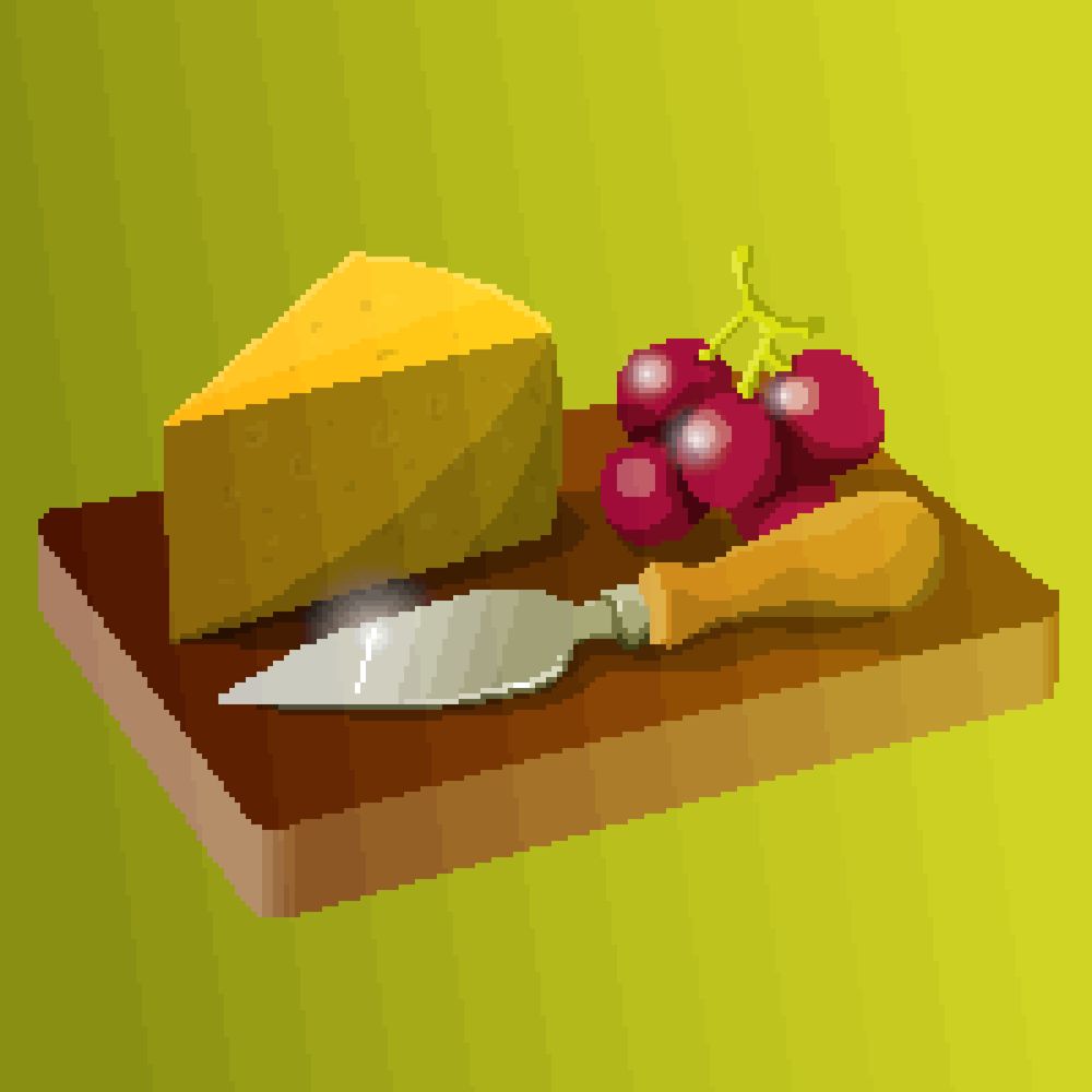 A pixel art image of a triangular block of cheese on a wooden cheese board beside a cheese knife and some red grapes.