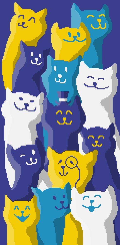 A digital, pixel-art picture of many colourful, smiling cats. The colours used are Navy blue, Teal blue, Yellow and White. One of the cats is wearing a monocle, another a top hat.