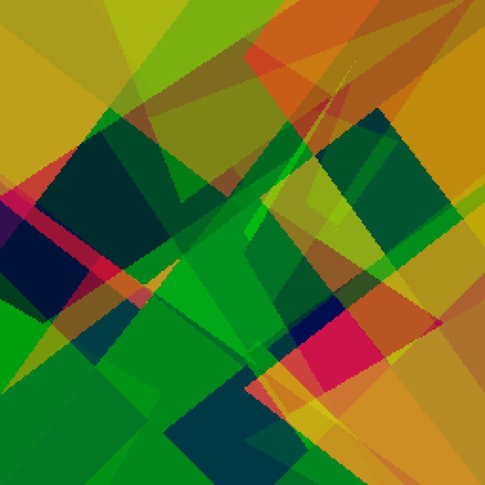 A square pixel art piece comprising of an abstract assortment of colourful interlocking squares and geometric shapes. the Piece is primarily green and gold with bright pink colours emerging from the overlapping sections.