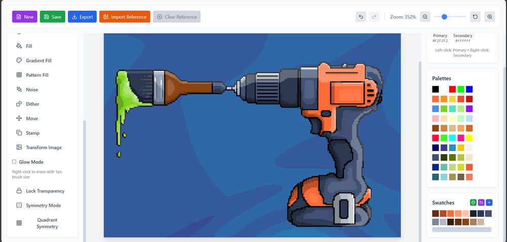 The image shows a screenshot of pixel art software, on the canvas is an image of an electric drill with a paintbrush attached to the end. The paint brush has thick, lime green paint dripping off the end of it.
