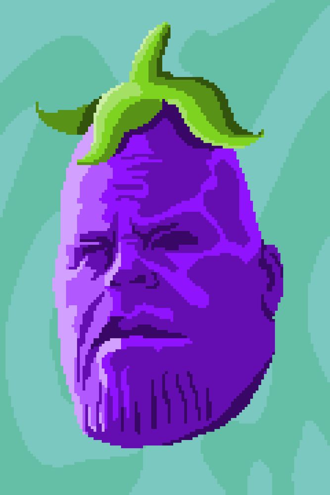 A pixel art image of The Avengers' Thanos as an eggplant
