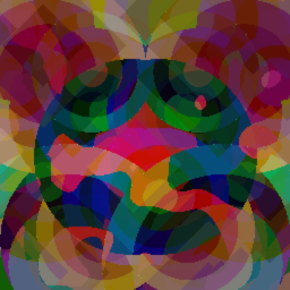 A square pixel art piece comprising of an abstract assortment of colourful interlocking shapes