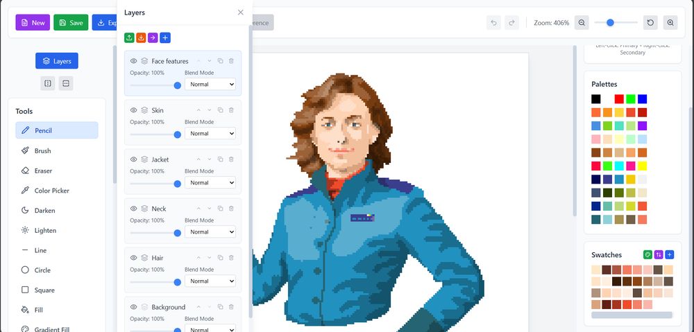 A screenshot of a pixel art editor showing a work in progress image of a female spaceship captain.
