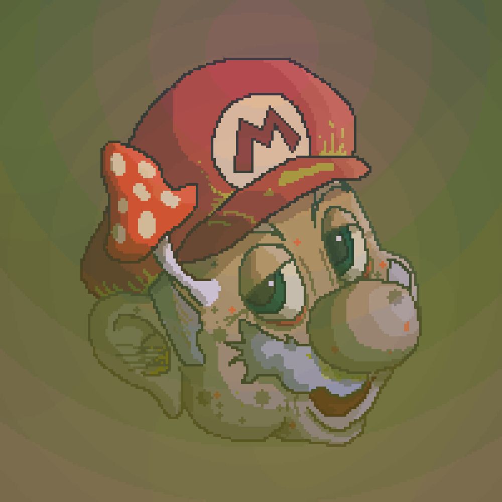 A pixel art piece of the head of Super Mario looking a little... rotten. A large mushroom grows out the side of his head. 