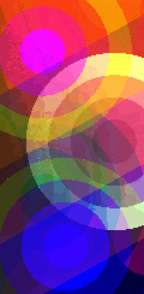Abstract, geometric pixel art. The piece is comprised of concentric circles, mixing colours, moving from warm colours at the top of the image to cooler colours at the bottom of the image. The limited colour palette gives the vibe of early 32bit graphics.