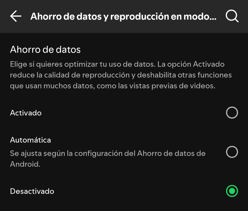 Configuración de ahorro de datos de Spotify, desactivado. 