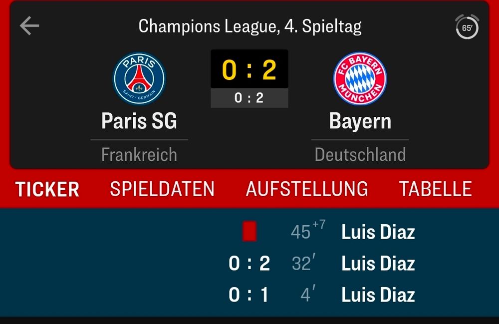 Kicker-Ergebnisanzeige
PSG Paris gegen FC Bayern
0:1 für Bayern 4. Minute Luis Diaz
0:2 für Bayern 32. Luis Diaz
Rote Karte für Bayern 45+2 Luis Diaz