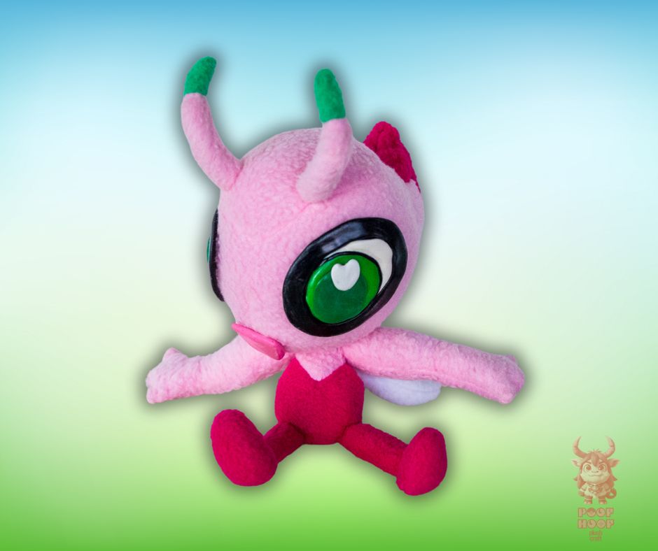 Plushy Shiny Celebi the Pokémon on the blue and green gradient background