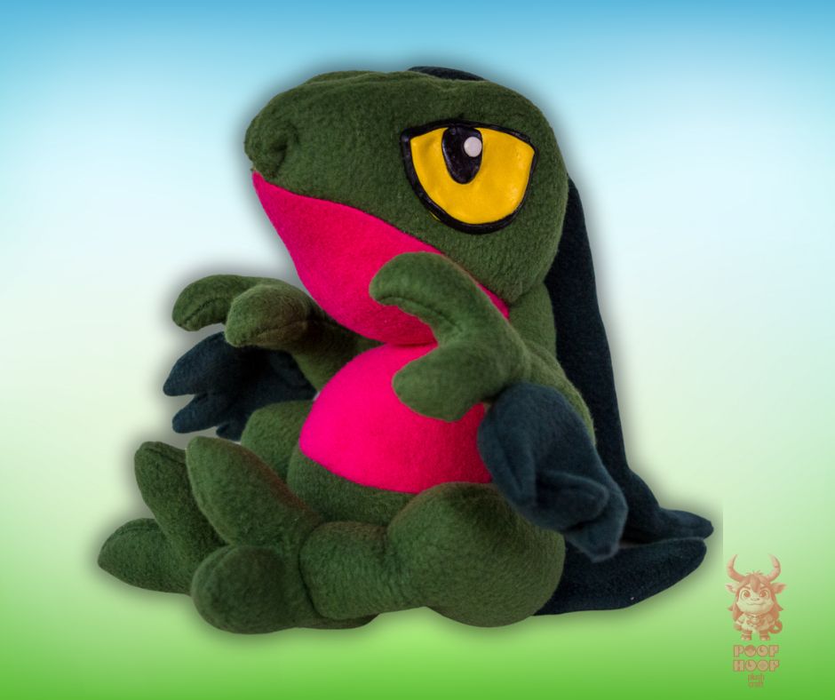 Plushy Grovyle the Pokémon on the blue and green gradient background