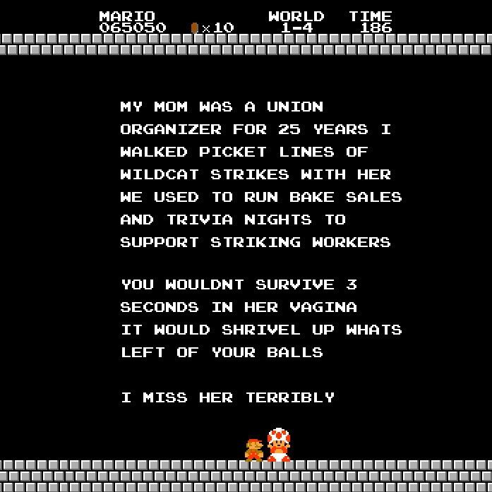 The original Super Mario Bros. (NES) end screen where Mario is talking to Toad, but the text says "My mom was a union organizer for 25 years I walked picket lines of wildcat strikes with her we used to run bake sales and trivia nights to support striking workers. You wouldn't survive 3 seconds in her vagina it would hrivel up what's left of your balls. I miss her terribly"