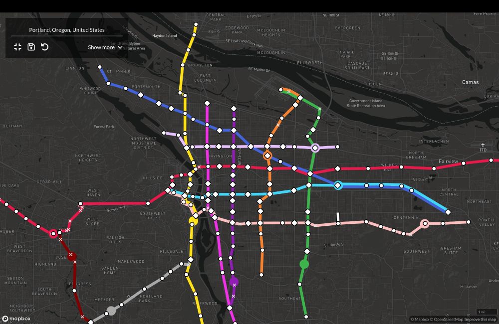 Screenshot of a Metrodreamin transit plan for the Portland Metro area, with subway and light rail lines running: St Johns to Gresham, Vancouver to Lake Oswego, Woodlawn to Oregon City, Concordia to Milwuakie, Swan Island to Parkrose TC, Clackamas TC to PDX, Johnson Creek to PDX, Troutdale to Hillsboro, Hillsdale to Tigard, and Downtown to Gresham