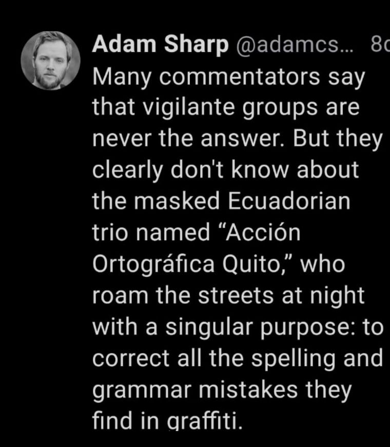 Mini commentators say that vigilante groups are never the answer. But they clearly don't know about the masked Ecuadorian trio named "Acción Ortográfica Quito" who roam the streets at night with a singular purpose: correct all of the spelling and grammar mistakes they find in graffiti.
