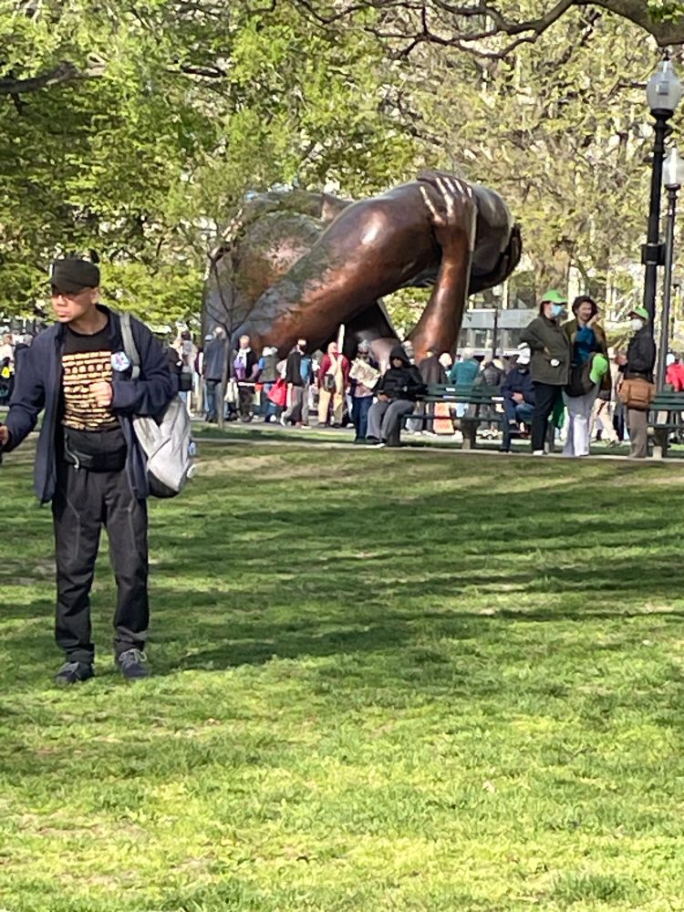 On the Boston Common with a view of “The Embrace” sculpture.
